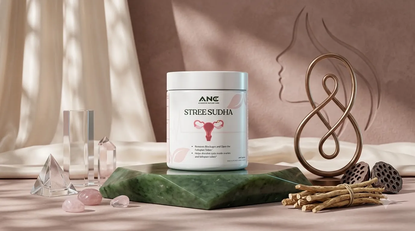 Stree Sudha jar against a dusty rose backdrop with a cream lily